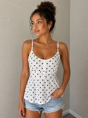 Polka Dot Spaghetti Strap Peplum Tank Top - White/Black